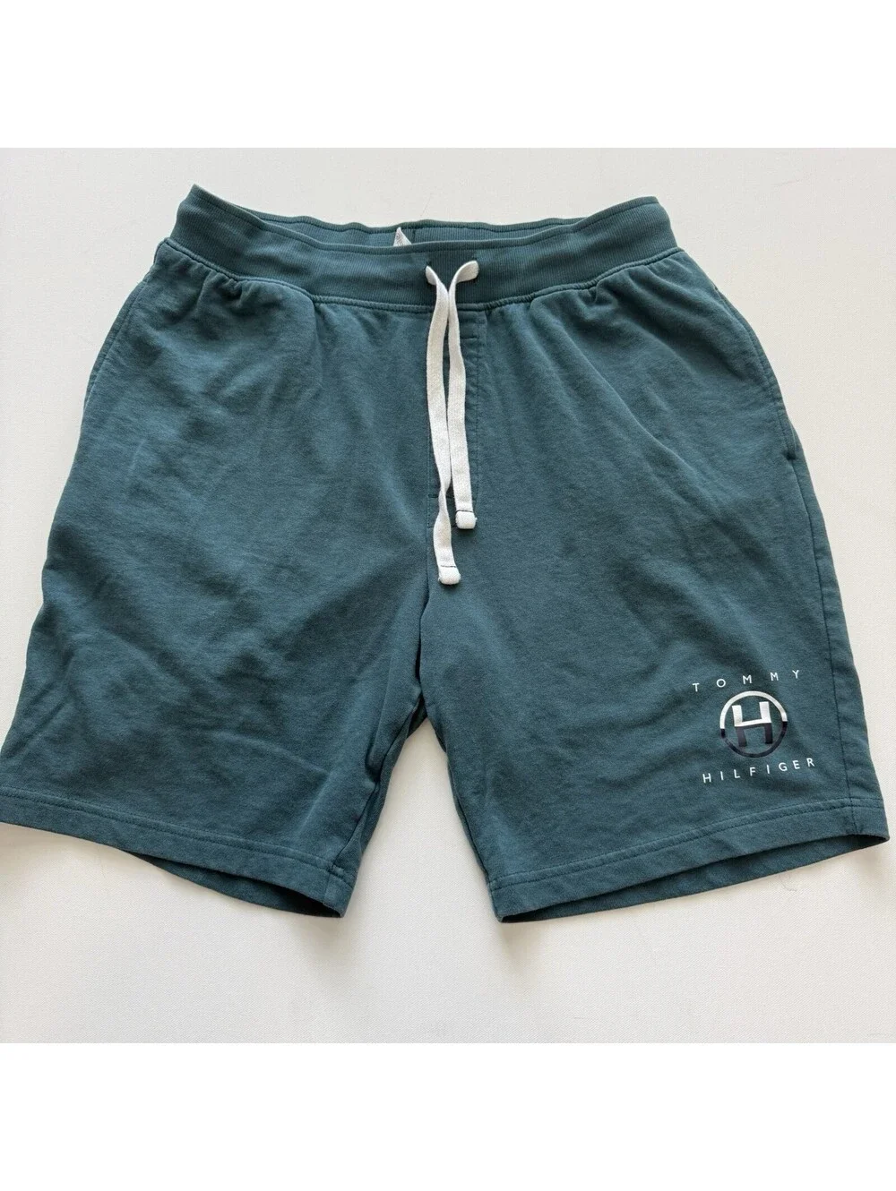Tommy Hilfiger Mens M Sleepwear Lounge Shorts Teal Logo Drawstring Cotton